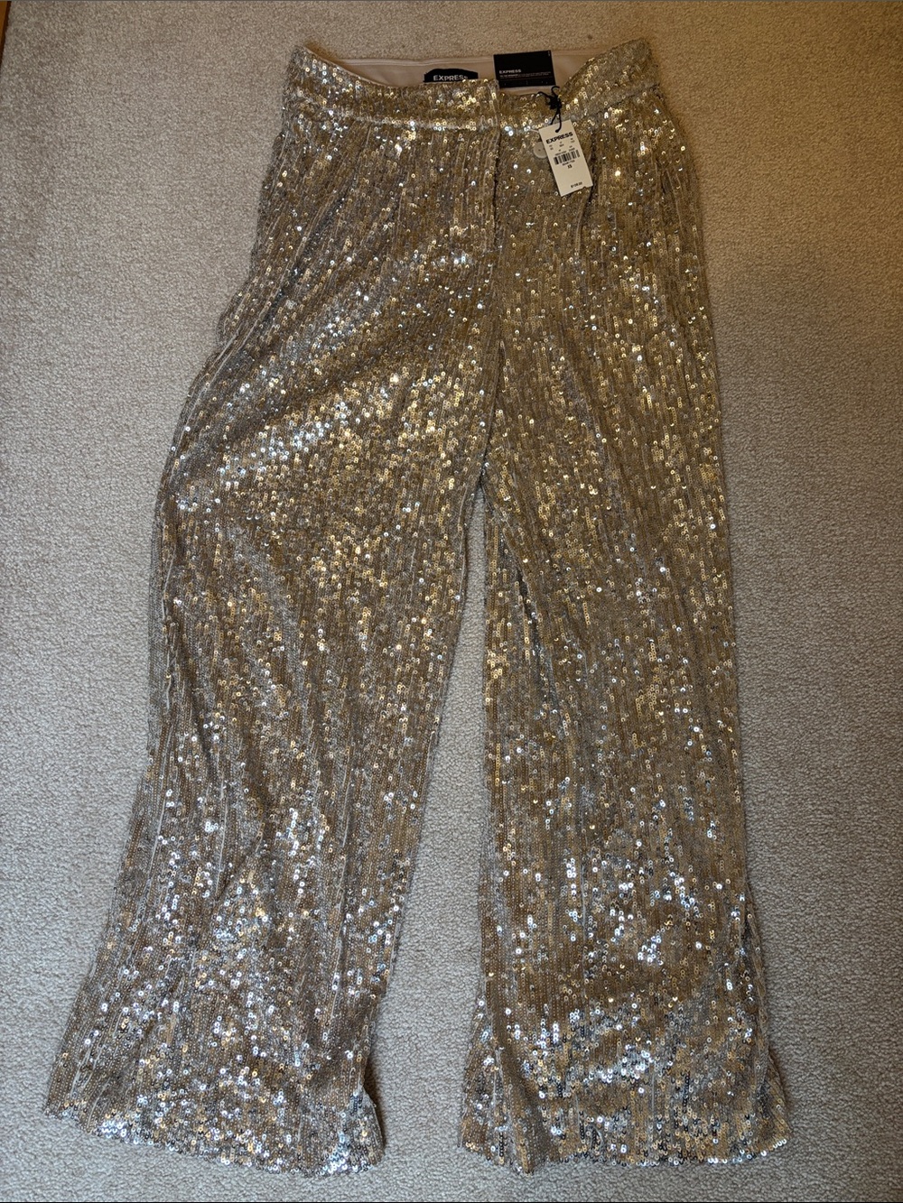 New express XS cropped high-rise silver sequin wide leg pants